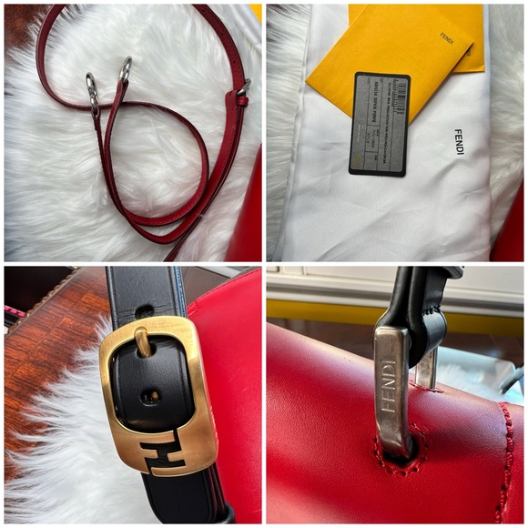 Fendi Silvana Leather Red Flap Turn-Lock Penguin Striped Canvas w/ Strap EUC - Picture 9 of 17